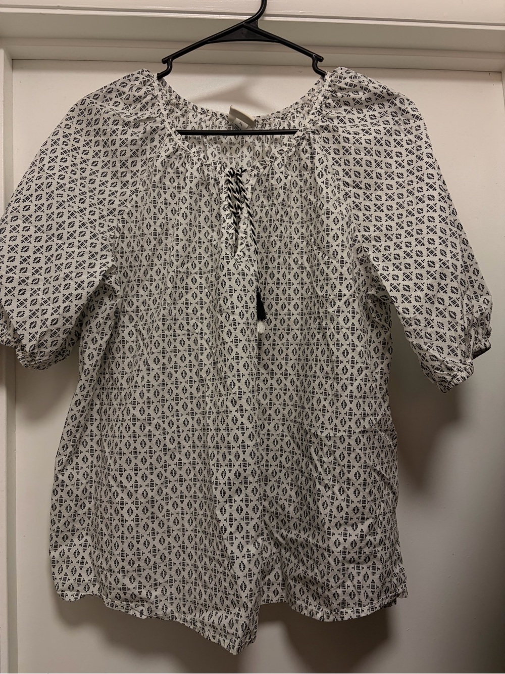 White and Black Printed Peasant Top